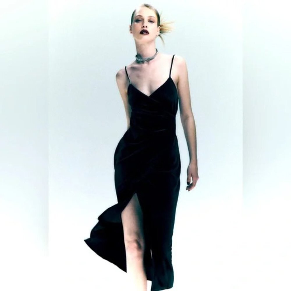 🖤 ZARA Black Velvet Crystal Straps Thigh Slit Midi Slip Dress